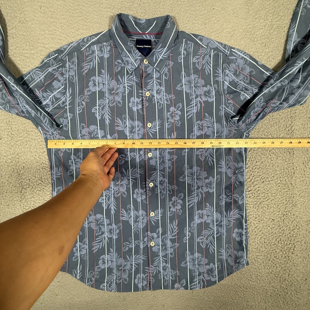 Tommy Bahama Shirt Mens Large Blue Floral‎ Striped Silk Blend Hawaiian Preppy - Picture 8 of 12